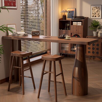 现代简约实木吧台桌小户型家用客厅高脚桌椅组合原胡桃色长条桌子