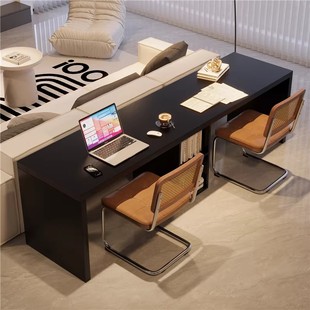 现代简约实木木质长条桌黑色双人办公桌家用书房书桌带储物可定制