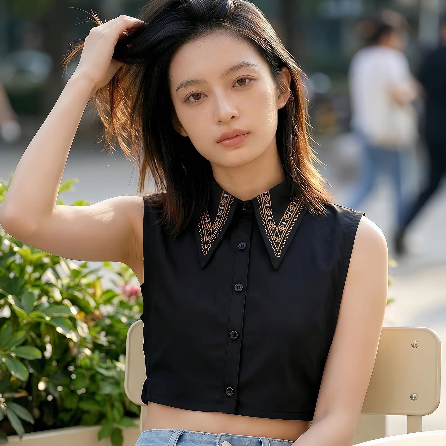刺绣女士黑色大尖领假领