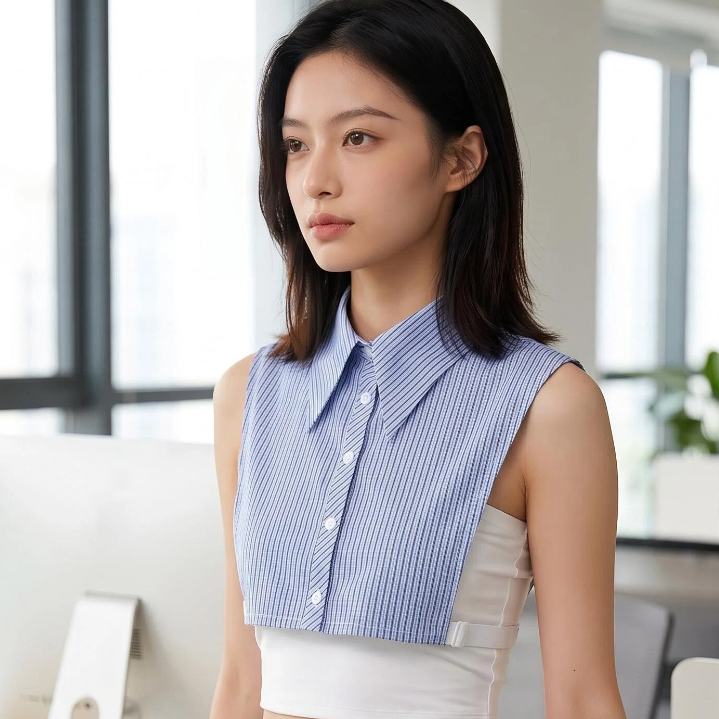 春秋冬季蓝色条纹衬衫领假领子装饰领百搭职业假衣领搭配外套通用