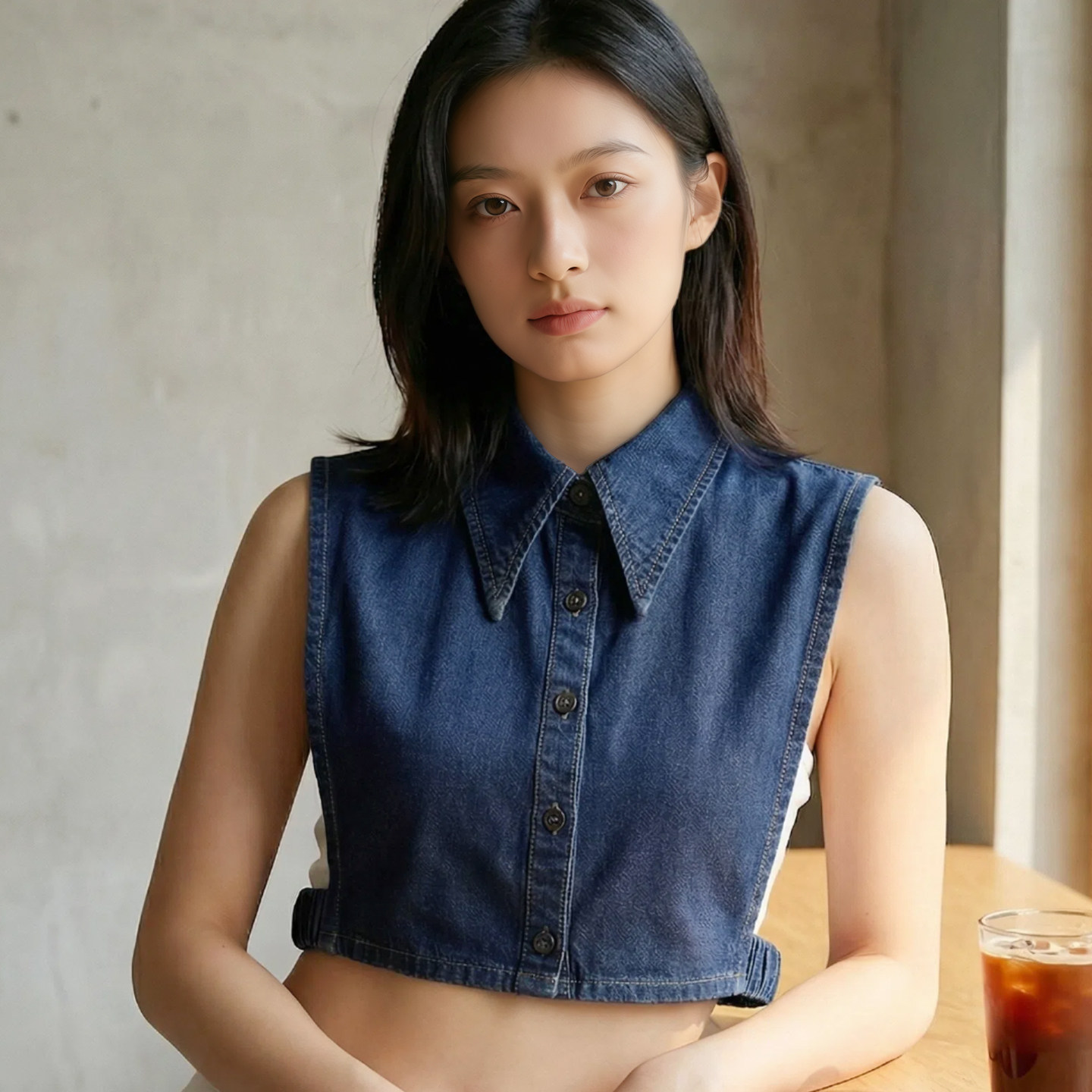 休闲纯色高端牛仔尖领假领子秋冬内搭百搭女士假衬衫领深色牛仔色