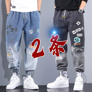 2023春季工装牛仔裤男欧美潮牌宽松街头嘻哈小字母印花休闲哈伦裤