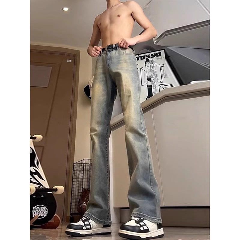 复古蓝高腰牛仔裤男款秋季薄款美式高街vibe裤子高个子直筒微喇裤