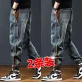 重磅新款 秋季 拼接工装 美式 裤 男士 潮牌宽松休闲束脚复古牛仔裤 子