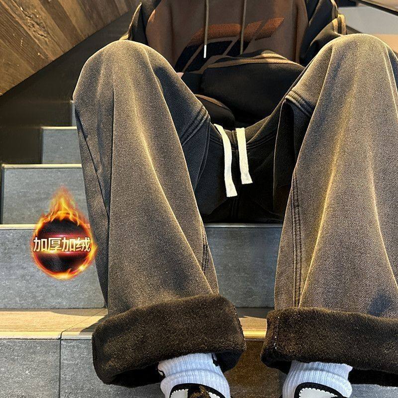 冬季加绒加厚黑色牛仔裤男美式宽松直筒裤潮牌百搭vibe简约阔腿裤