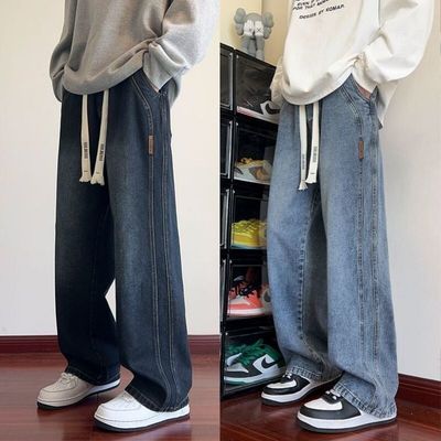 秋季美式复古水洗做旧抽绳牛仔裤