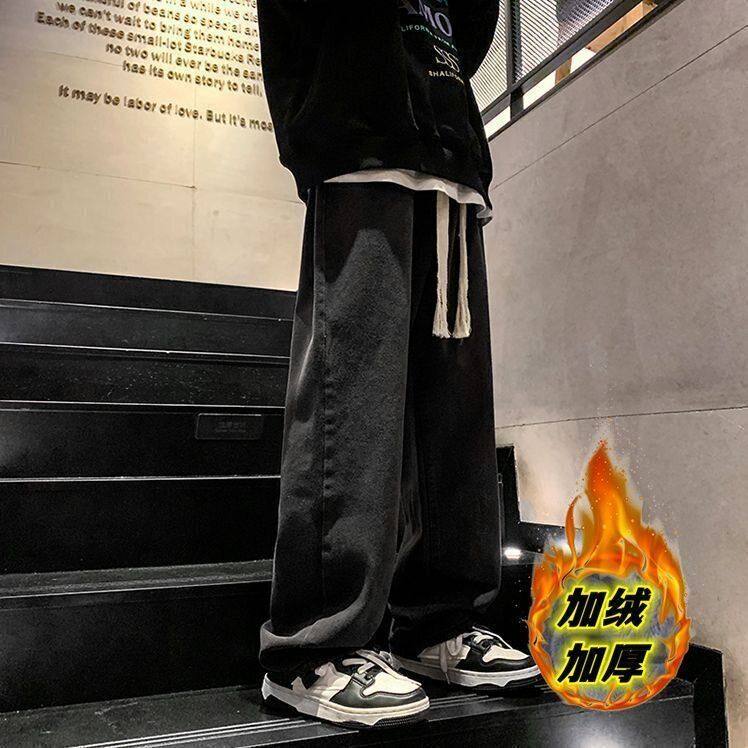 潮牌水洗牛仔裤男士春季款2026新款加绒加厚直筒大码休闲裤子冬天