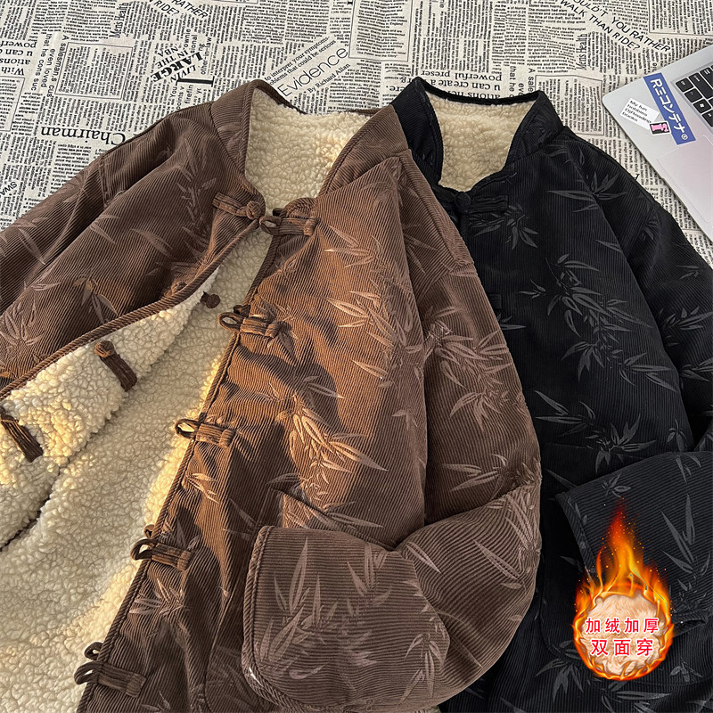 新中式W树叶灯芯绒羊羔毛加绒加厚双面穿棉服夹克JK15-P135控158图片