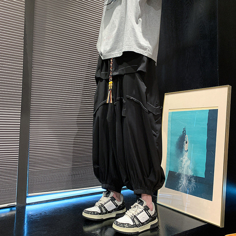 新中式C暗黑风冰丝垂感折褶小众设计阔腿裤男K155-P65控88,男装休闲裤,电商A005-1