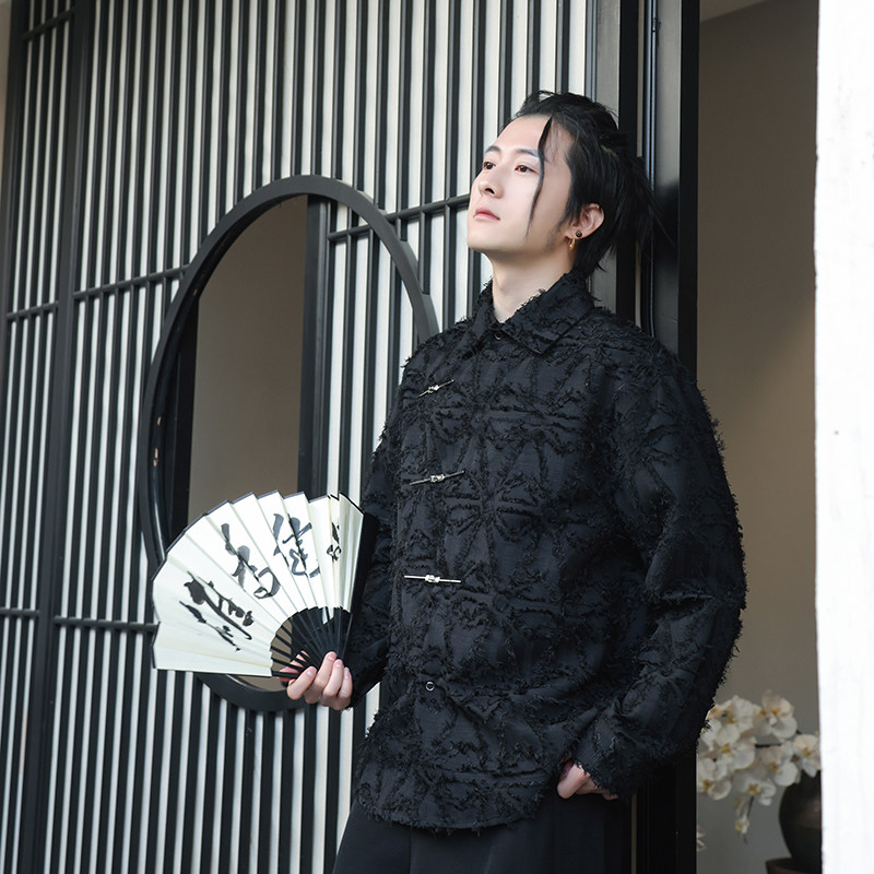 风E潮风新中式毛边长袖衬衫男宽松小众上衣CS23-P85控108,男装衬衫,电商A005-1