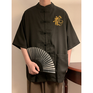 新中式风盘扣冰丝龙字刺绣太极服装坠感A衬衫男A005-JK08-P55图片