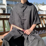 风D新中式缎面提花云海暗纹立领盘扣短袖冰丝衬衫CS70-P70控98，男装T恤，电商A005-1