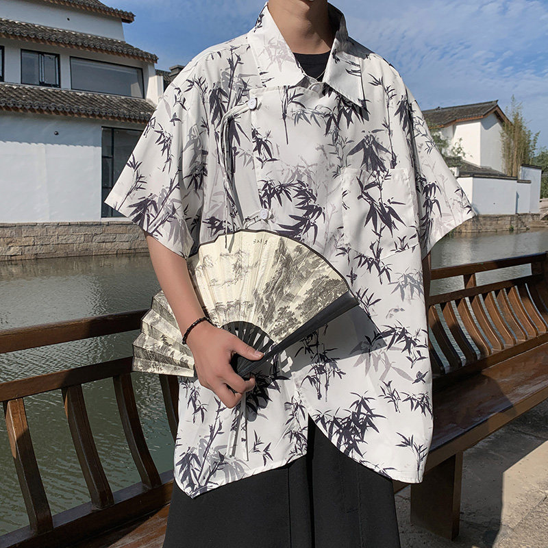 改良新中式E树叶印花冰丝短袖盘扣小众不规则衬衫男CS65-P58控78,男装衬衫,电商A005-1