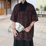 风新中式B盘扣大V领唐装树叶印花短袖t桖复古民族风T58-P68控88，男装T恤，电商A005-1