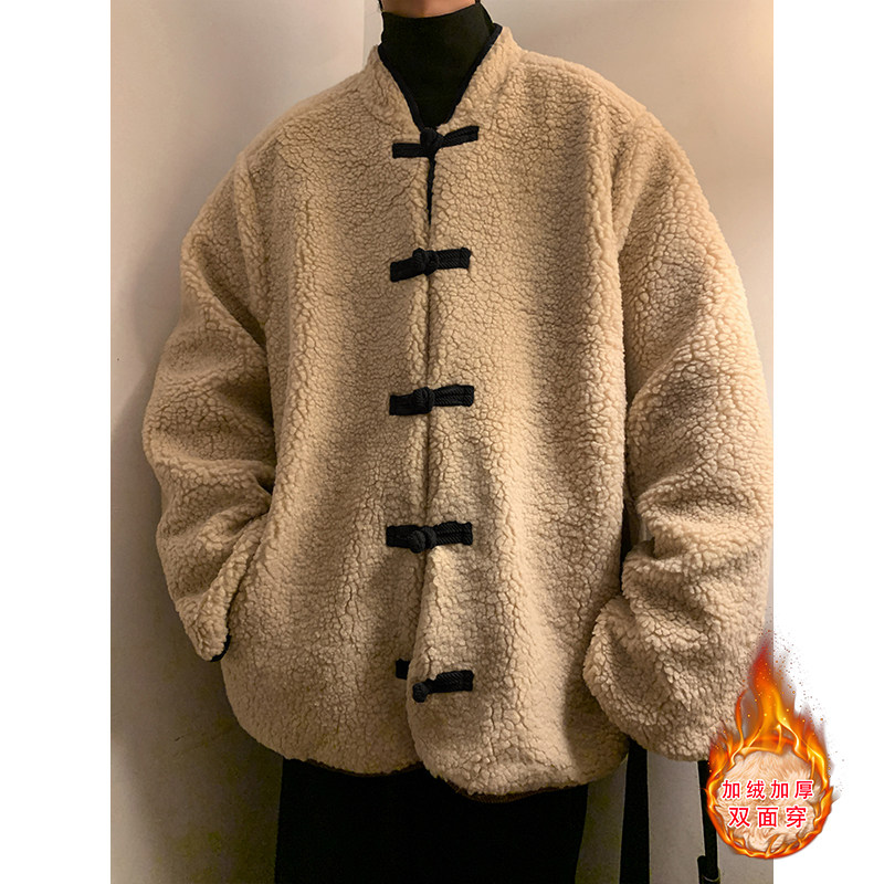新中式L树叶灯芯绒羊羔毛加绒加厚双面穿棉服夹克JK15-P135控158图片