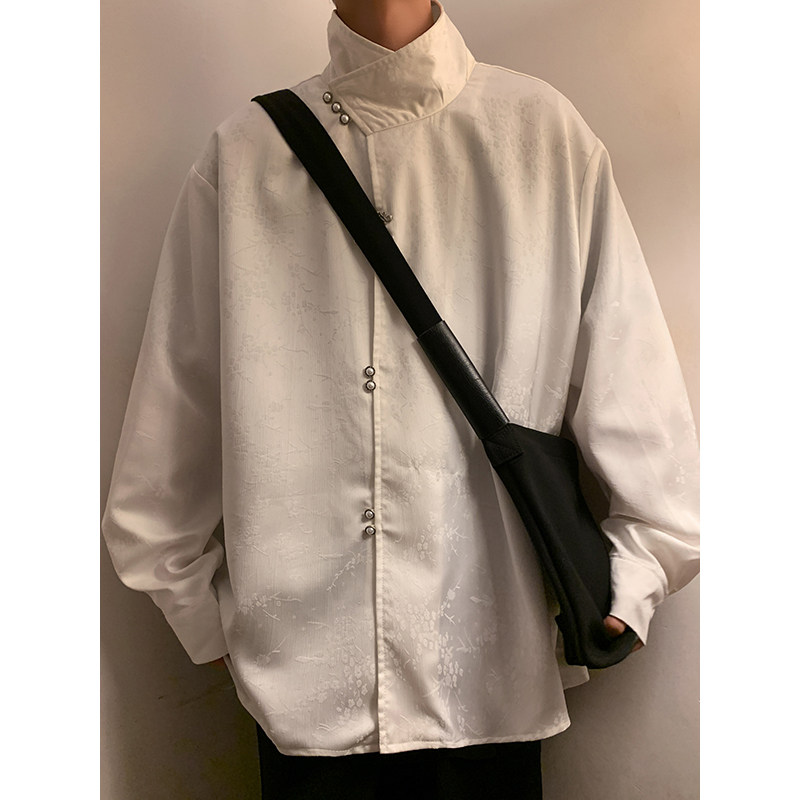 新中式E风缎面提花暗纹立领小众金属扣盘扣衬衫男CS13-P80控98,男装衬衫,电商A005-1