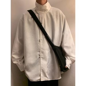 新中式E风缎面提花暗纹立领小众金属扣盘扣衬衫男CS13-P80控98