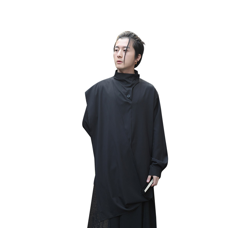 风H纽扣复古半高领衬衫极简拼接围布新中式上衣T16-P65控88,男装T恤,电商A005-1