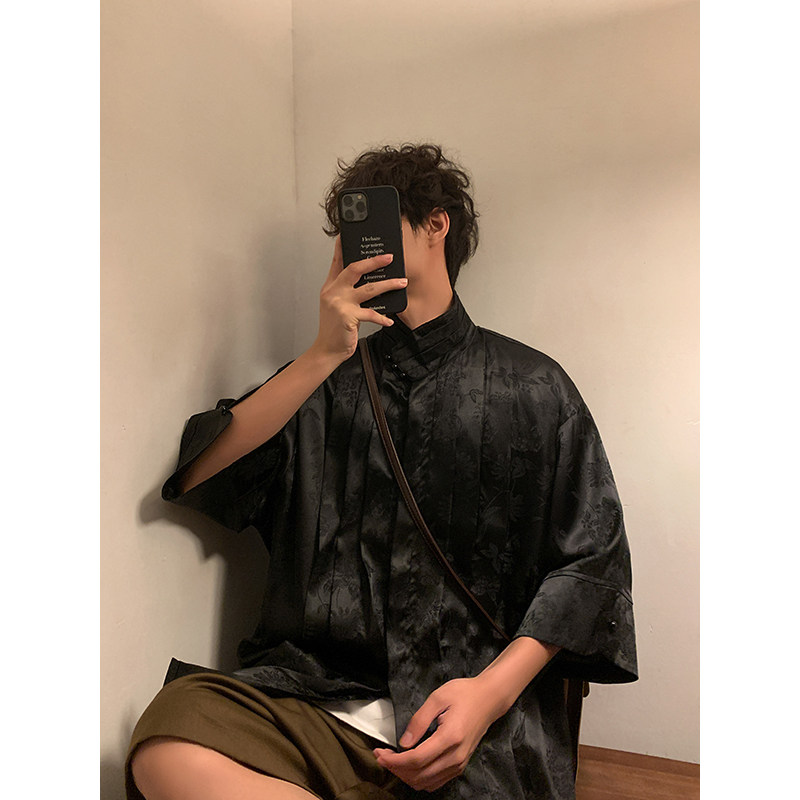 改良中式G缎面提花冰丝复古短袖珍珠扣立领小众衬衫男CS03P70控88,男装T恤,电商A005-1