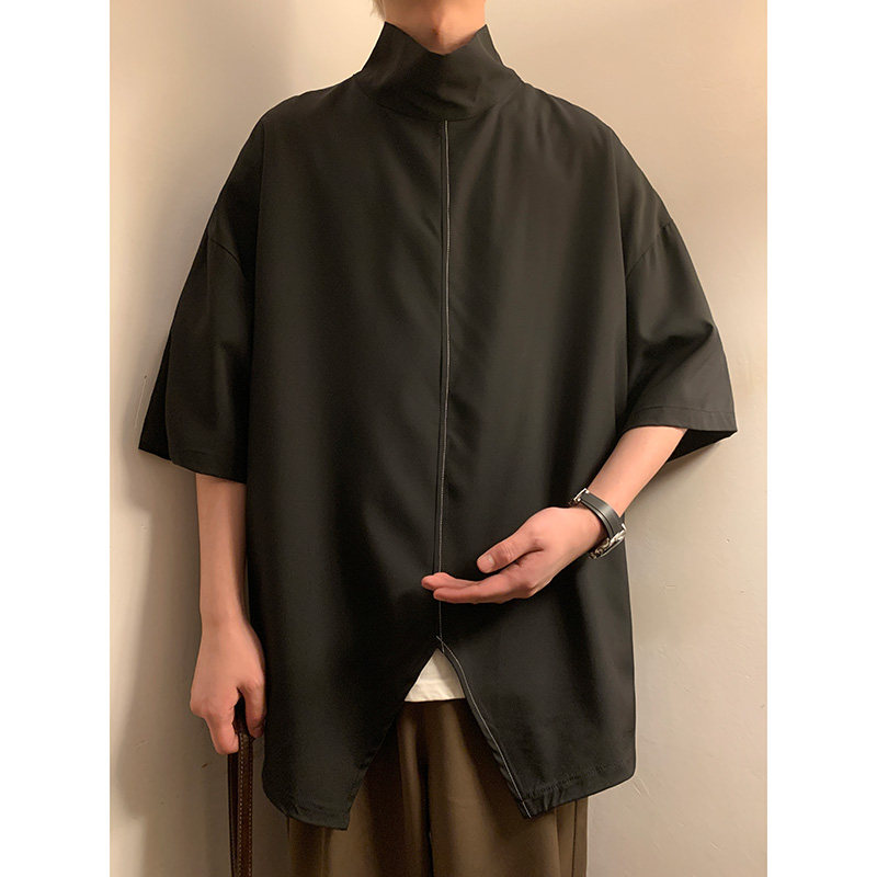 风D暗黑新中式小高领不规则燕尾小众冰丝t恤男T36-P55控78,男装T恤,电商A005-1