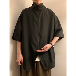 风D暗黑新中式小高领不规则燕尾小众冰丝t恤男T36-P55控78,机场小西装穿搭图片