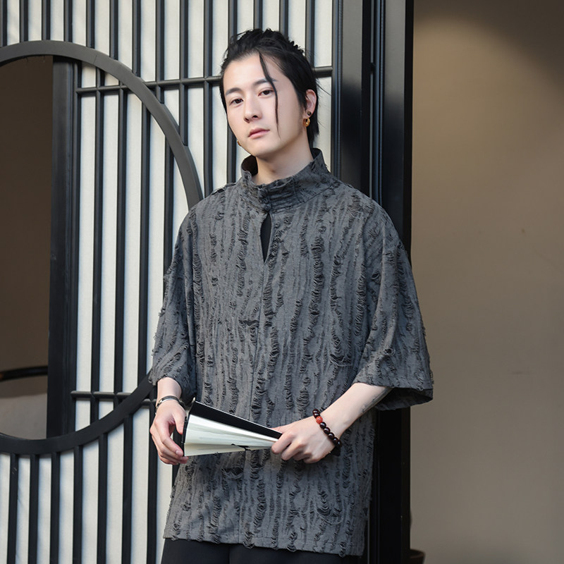 风K新中式风高领盘扣破洞镂空乞丐装冰丝t恤T35-P68控88，男装T恤，电商A005-1