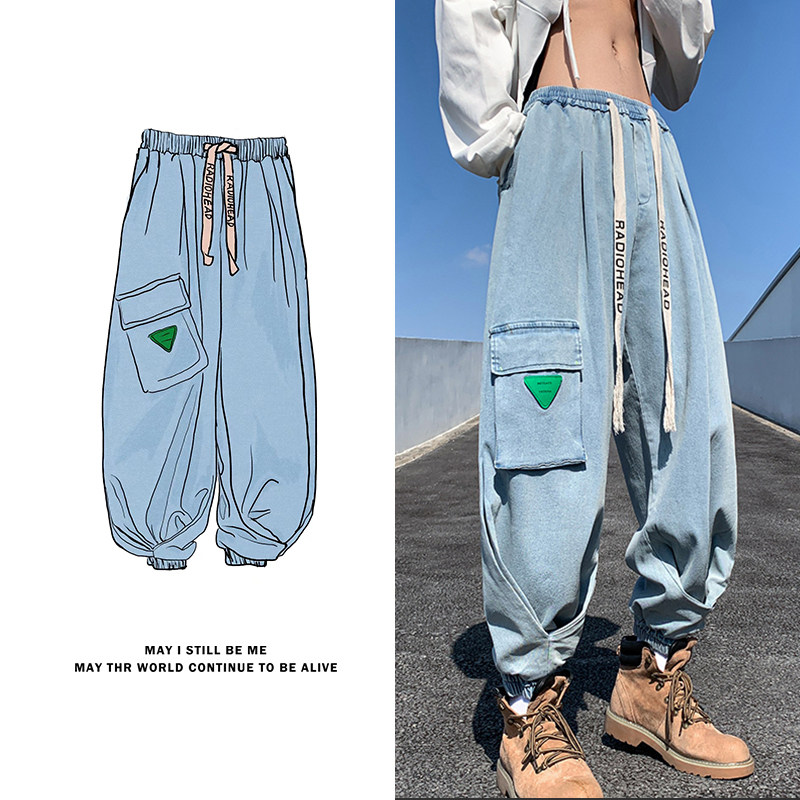 美式高街N复古工装大口袋牛仔裤设计感束脚冲锋裤K102-P88控118图片