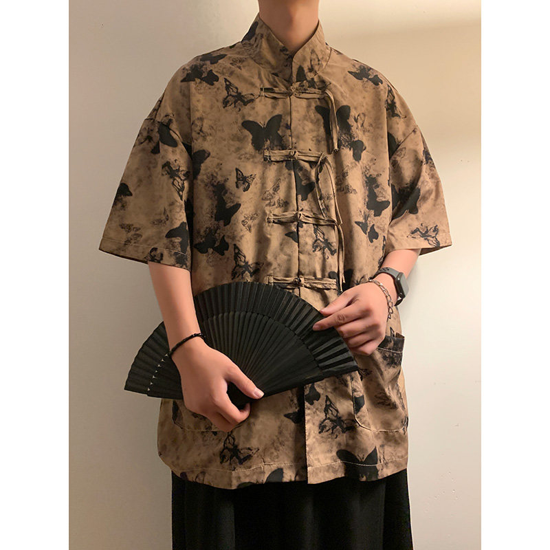 新中式L盘扣短袖衬衫男改良汉服唐装蝴蝶印花外套CS56-P65控88,男装衬衫,电商A005-1