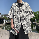 新中式D盘扣不规则设计树叶印花暗纹冰丝衬衫外套男CS69-P70控98，男装衬衫，电商A005-1