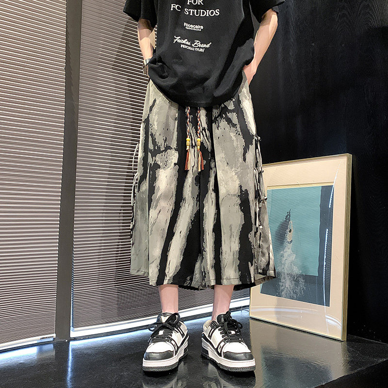 风新中式B水墨扎染渐变条纹冰丝男垂感盘扣七分裤DK193-P58控78,男装牛仔裤,电商A005-1