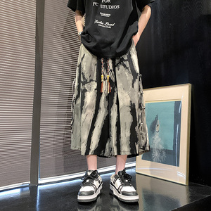 风新中式B水墨扎染渐变条纹冰丝男垂感盘扣七分裤DK193-P58控78图片