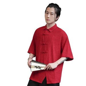 风I衬衫男士斜门襟冰丝条纹理垂感短袖外套男CS30-P68控88图片