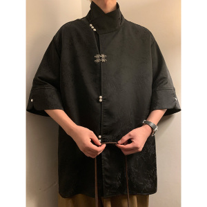 新中式风E缎面提花暗纹立领小众冰丝金属扣衬衫男CS32-P78控98图片
