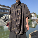 潮酷暗黑F小高领堆堆领印花树叶小众设计冰丝t恤T63-P80控108，男装T恤，电商A005-1