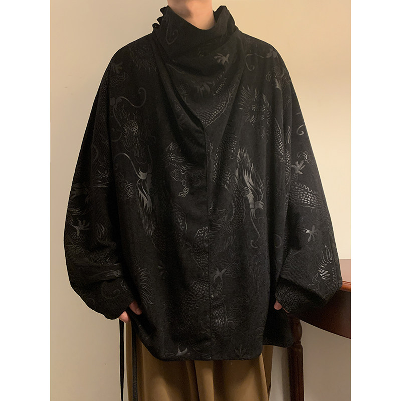 套头卫衣A龙纹灯芯绒风小众堆堆领T恤打底衫男T61-P68控88图片