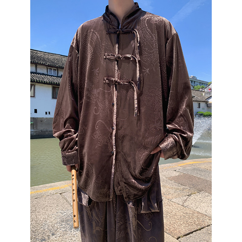 新中式J盘扣小众设计龙纹暗花金丝绒衬衫夹克外套男JK27-P68控88,男装夹克,电商A005-1