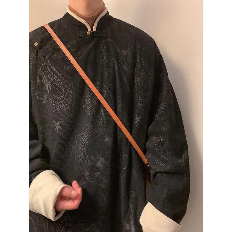 新中式F斜襟盘扣龙纹灯芯绒中山装立领夹克外套男JK20-P105控138图片