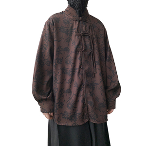 新中式H盘扣长袖衬衫男汉服唐装中山装树叶印花外套CS26-P68控88图片