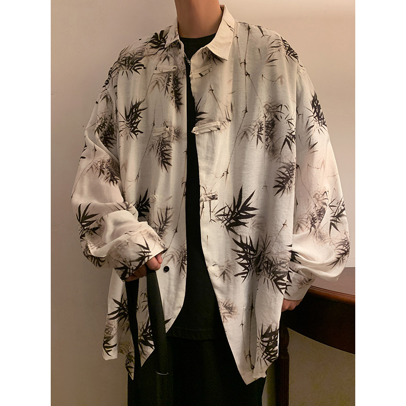新中式风D冰丝水墨竹子树叶盘扣小众设计衬衫t恤男CS19-P68控88图片