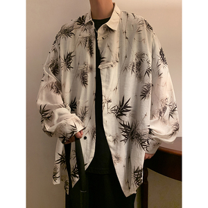 新中式风D冰丝水墨竹子树叶盘扣小众设计衬衫t恤男CS19-P68控88图片