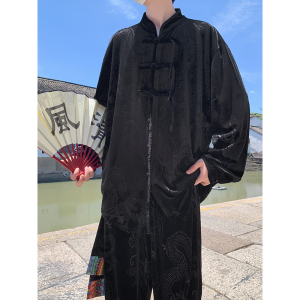 新中式K盘扣小众设计龙纹暗花金丝绒衬衫夹克外套男JK27-P68控88图片