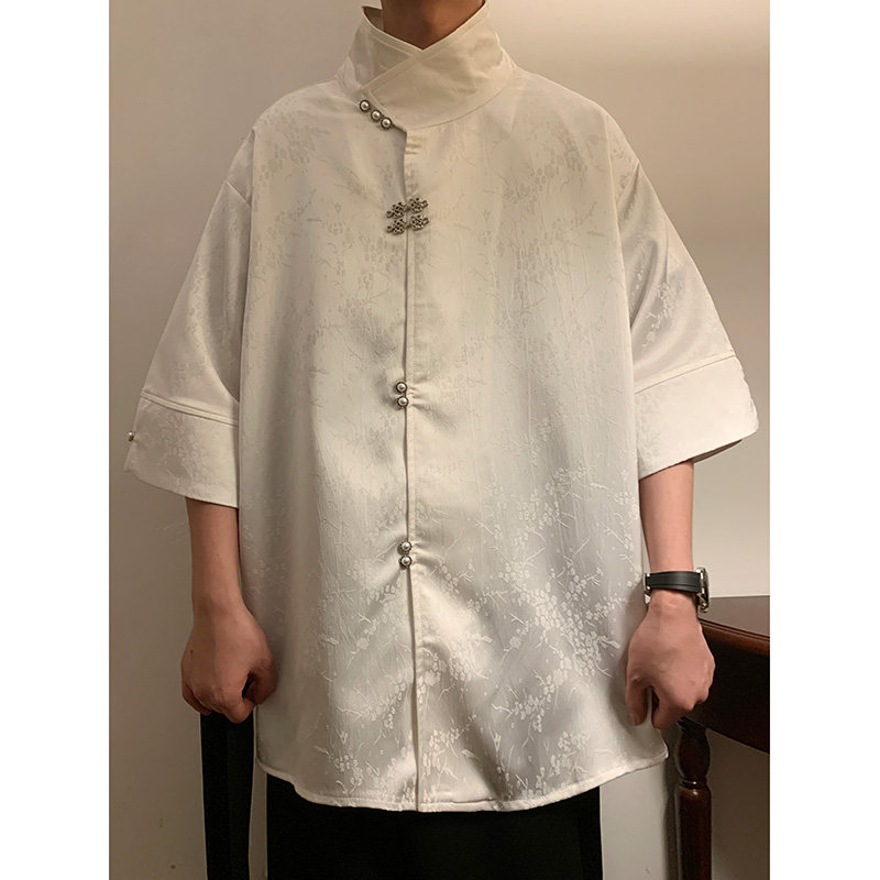 新中式风E缎面提花暗纹立领小众冰丝金属扣衬衫男CS32-P78控98，男装衬衫，电商A005-1