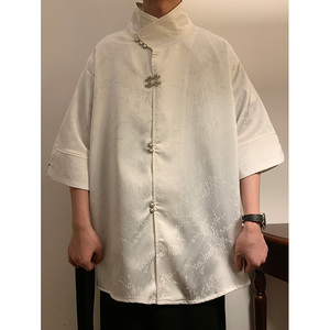 新中式风E缎面提花暗纹立领小众冰丝金属扣衬衫男CS32-P78控98，男装衬衫，电商A005-1