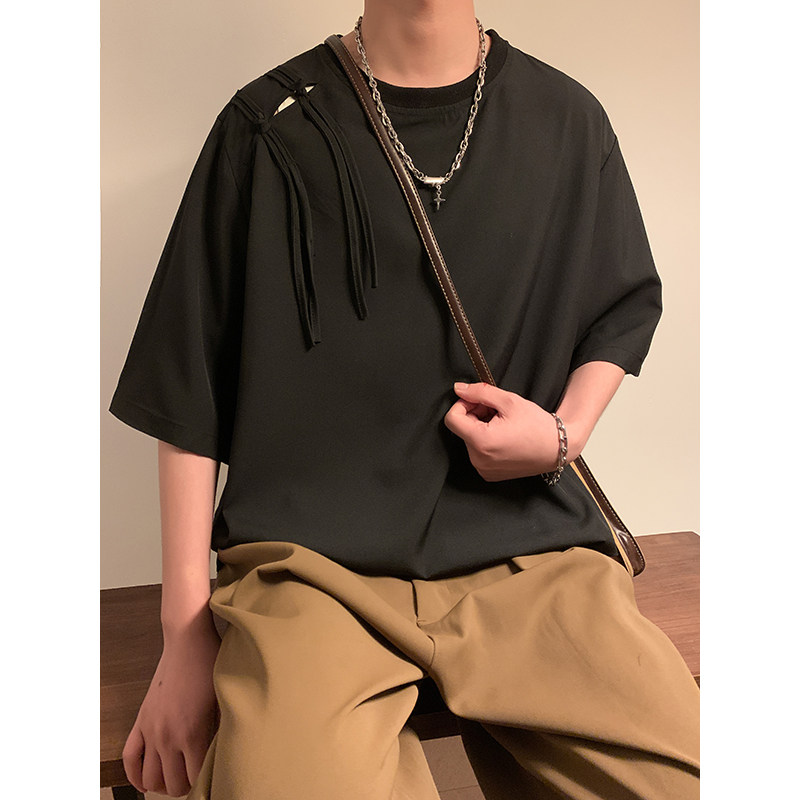 新中式E肩膀盘扣设计暗黑风冰丝圆领短袖t桖男T52-P55控78图片
