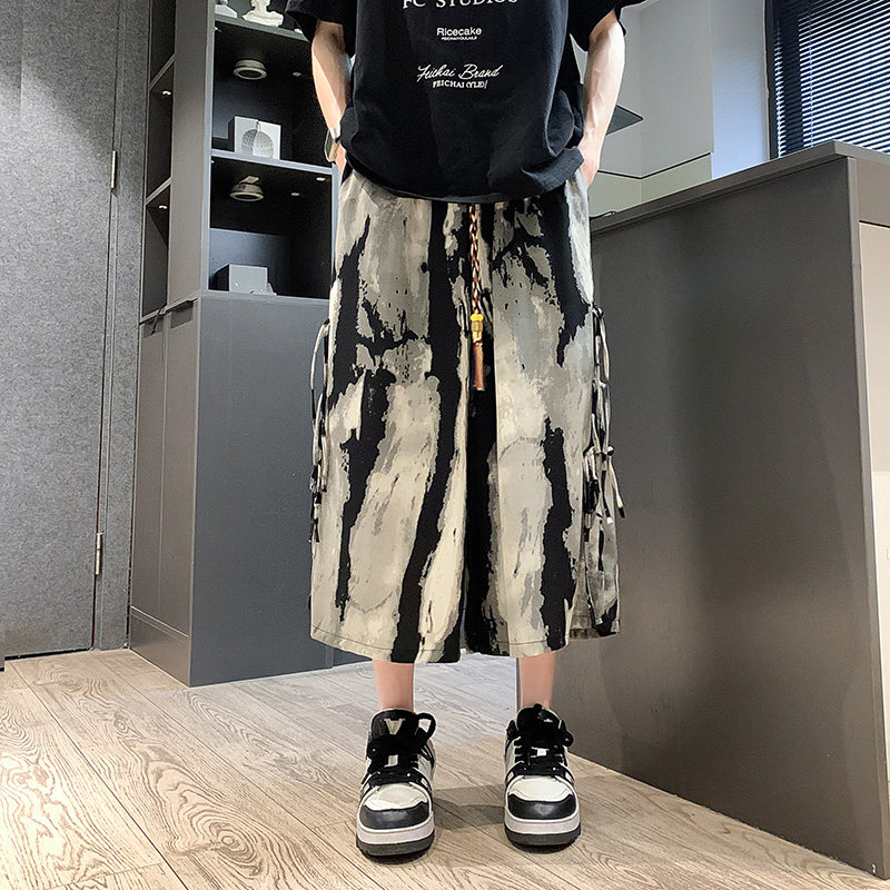 风新中式B水墨扎染渐变条纹冰丝男垂感盘扣七分裤DK193-P58控78,男装牛仔裤,电商A005-1