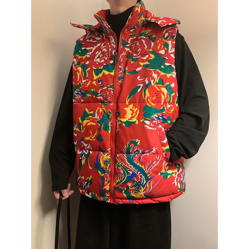 连帽大花马甲棉袄背心D男生保暖花花绿绿秋冬加厚MJ527-P78控108图片