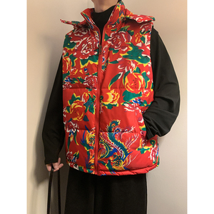 连帽大花马甲棉袄背心D男生保暖花花绿绿秋冬加厚MJ527-P78控108图片