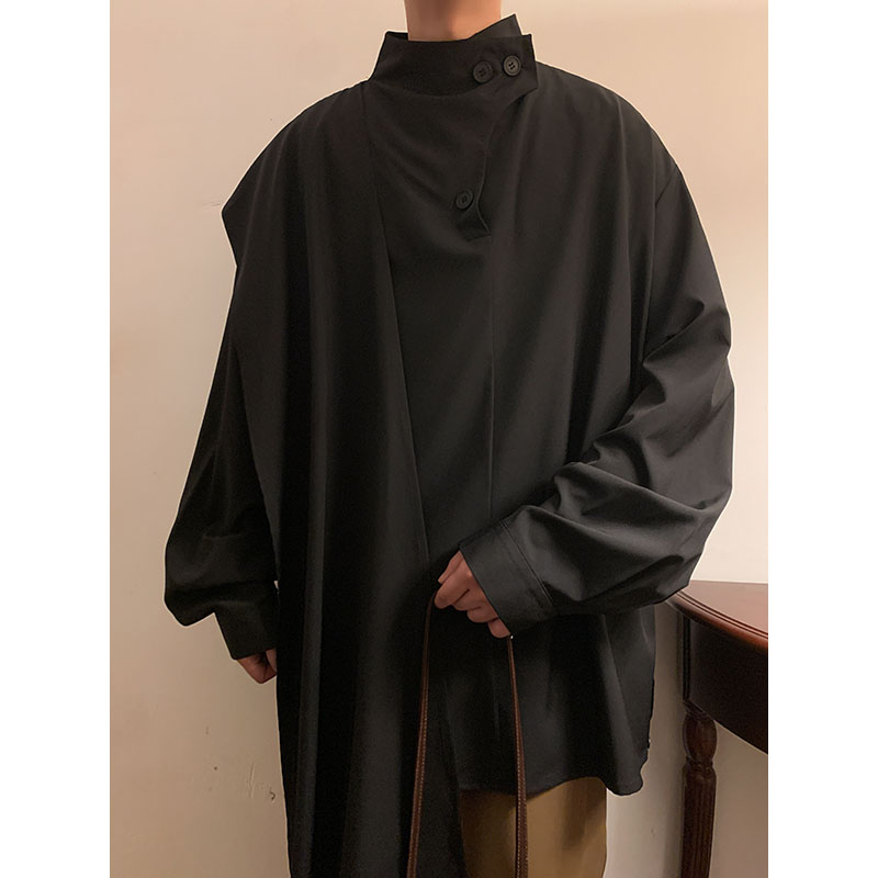 风C纽扣复古半高领衬衫极简拼接围布新中式上衣T16-P65控88,男装T恤,电商A005-1