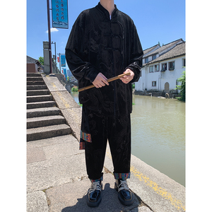 新中式C盘扣龙纹暗花金丝绒夹克舞蹈阔腿裤套装男TZ180-P136控158图片