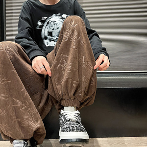 风新中式G保暖树叶印花纹灯芯绒阔腿束脚裤男K199-P68控88图片